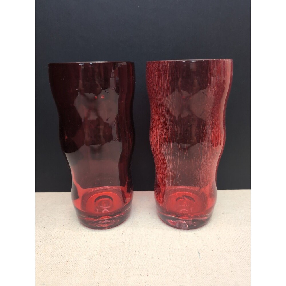 Set Of 2 Vintage Red Tinted Wavy Bambino Style Glassware Drinking Cup Tumbler
